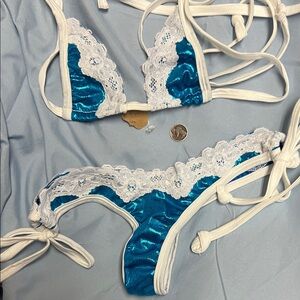 Blue and White Lace Trim Bikini Set